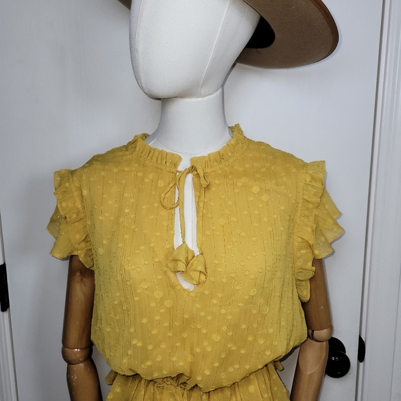 MISA Yellow Polka Dot Ruffle Tiered V-Neck Mini Dress Size Small - Picture 4 of 13